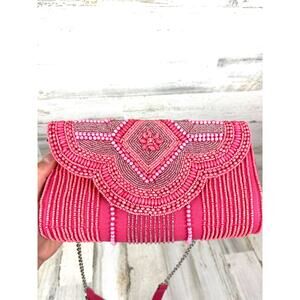 America & Beyond Womens Pink Beaded Clutch Silver Chain Formal Bag NEW